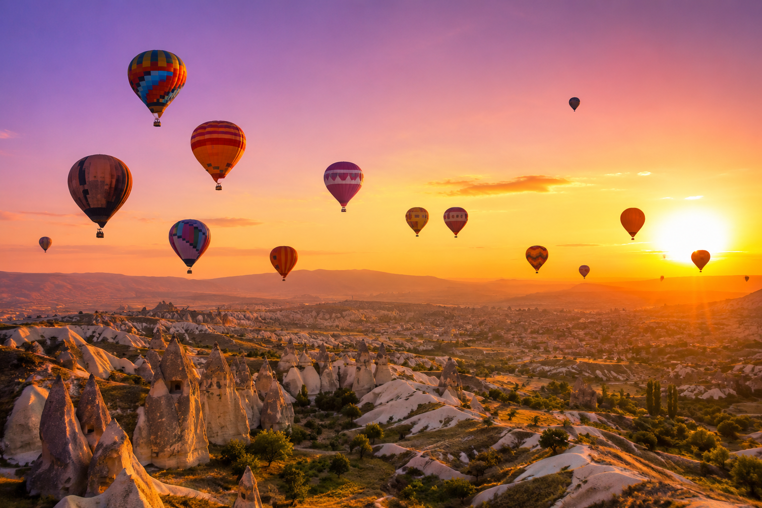 Hot air balloons over Cappadocia at sunrise